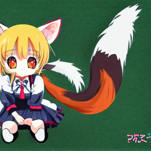 Image similar to japanese anime highschool girl named kemomimi-chan with fox ears and tail, blond hair and fur, collar bell, amber green sailor uniform and red miniskirt, art, digital art trending on pixiv rankings