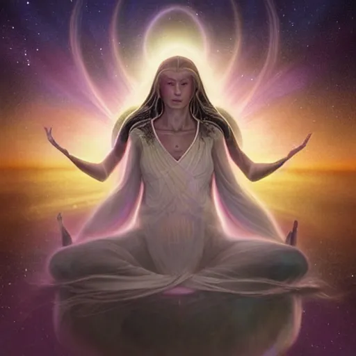 Prompt: elven spirit meditating in space, halo, light shafts, wisps, sandstorm, light diffusion, godly, ascending, by moebius, digital art, beautiful, sacred, holy, surreal, fantasy art, oasis, by durer, durer, fairies, surreal alien kingdom, ancient civilization, alien language, space civlization, dmt entity, machine elf, machine elves, 4d, advanced civilization, anunaki, sacred geometry, pretty face, starscape, shrouded figure, obscured face, smooth, visionary art, energy, by peter morhbacher, liquid, pearlescent, shimmering, shiny, god, lovecraft, lovecraftian, surrealist art, photo