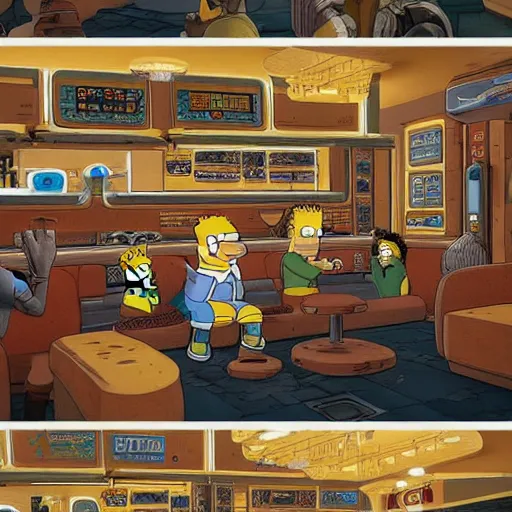 Prompt: concept art homer simpson and bart simpson sitting in a star wars bar, highly detailed cinematic