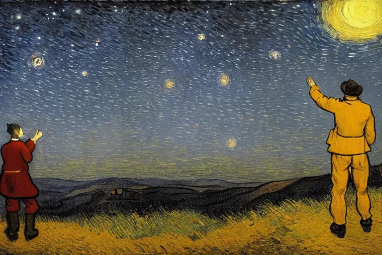 Image similar to a person looking at the night sky with clouds and stars, colorful, beautiful, national geographic, very detailed, astrophotography, cinematic lighting, oil painting, canvas, Theodor Kittelsen, Vincent van Gogh