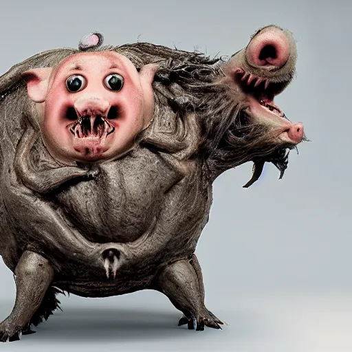 Prompt: a macabre horrifying pig monster with hair and alien fungus growing throughout its body