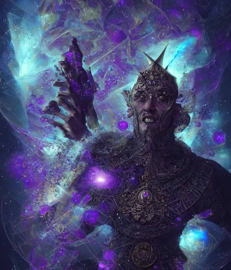 Image similar to front!!! shot of a court jester!!! character, mesmerizing fractal hypercubes, dark holography!!!, future, metallic nebula, crystalline edges, polygonal, elegant, highly detailed, centered, (((artstation, concept art, jagged, sharp focus, artgerm, Tomasz Alen Kopera, Peter Mohrbacher, donato giancola, Joseph Christian Leyendecker, WLOP, Boris Vallejo))), ((raytracing)), mugshot!!!!!, ugly!!!!!!, octane render, nvidia raytracing demo, octane render, nvidia raytracing demo, octane render, nvidia raytracing demo, 8K