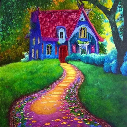 Image similar to fairytale house, amazing colors, path leading to the house, oil painting, trending,