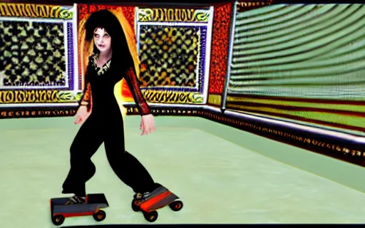 Prompt: Kate Bush in an ornate dress in Tony Hawk's Pro Skater 3, gameplay screenshot