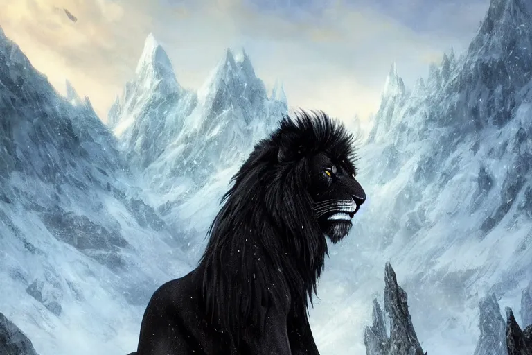 Prompt: Magnificent black lion with wings on a beautiful fantasy landscape, mountainside, winter, dusk, HD, illustration, epic, D&D, fantasy, intricate, elegant, highly detailed, digital painting, artstation, concept art, smooth, sharp focus, illustration, wallpaper, art by artgerm and greg rutkowski and alphonse mucha and jin xiaodi