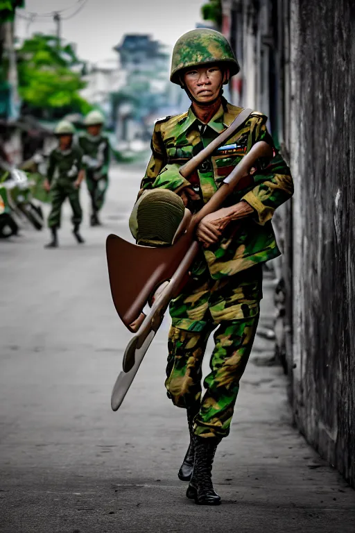 Image similar to vietnam soldier with skateboard, pulitzer award, captured by nikon d 8 5 0, 4 k, full body perfect. by daniel berehulak