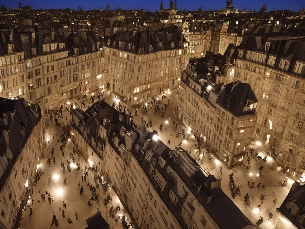 Prompt: people hanging out on the rooftop of the buildings of place des vosges at night