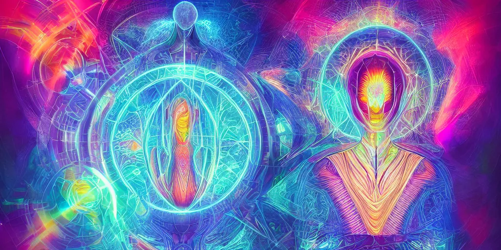 Prompt: transcendence into collaborative intelligence, endless collaboration with ai, connectedness, body, by alex grey, award winning, beautiful, colorful, volumetric lighting, trending on artstation, cinematic