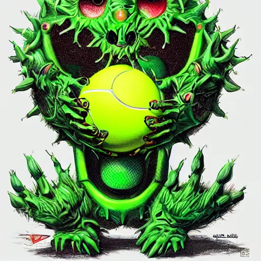 Image similar to a tennis ball monsters, mechanical, digital art, fantasy, magic, trending on artstation, ultra detailed, professional illustration by Basil Gogos