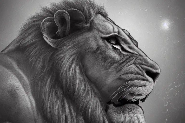 Image similar to extremely realistic portrait of square head lion, fantasy, trending on artstation, heroic pose, highly detailed, profile picture, 8k