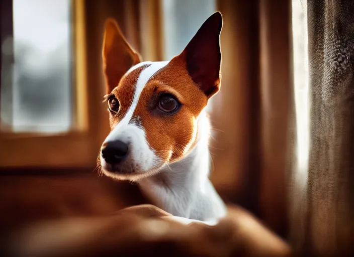 Image similar to photography of a Jack Russel . watching outside the window. on a bed. in a vintage room full of vinyls and posters.,volumetric light, photorealistic,, award winning photo, 100mm, sharp, high res