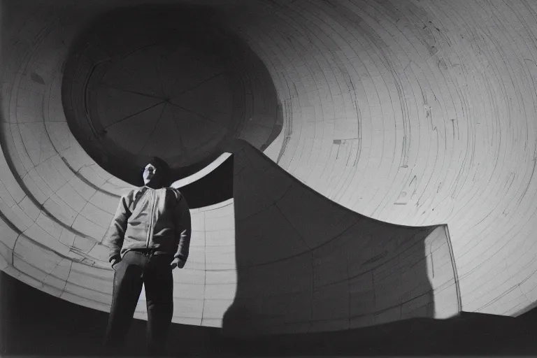 Image similar to black and white photography, a young man stands in the planetarium, decisive moment, anri cartier bresson