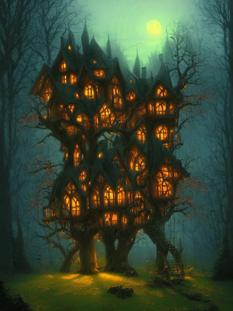 Prompt: a spooky, gothic treehouse by thomas kinkade, evening light, fantasy, artstation, illustration