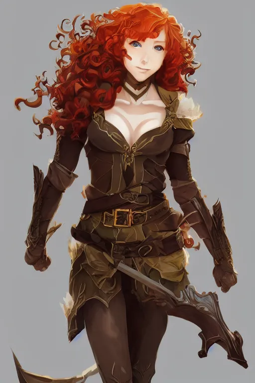 Image similar to A beautiful anime portrait of a curly haired redhead female elf, rpg ranger outfit, elven bow, by Stanley Artgerm Lau, WLOP, Rossdraws, James Jean, Andrei Riabovitchev, Marc Simonetti, and Sakimichan, tranding on artstation