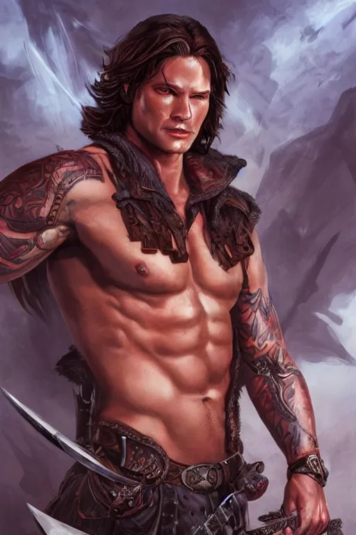 Prompt: portrait of attractive sam winchester as a rogue warrior, muscular chest tattooed with runes and symbols, d & d!, fantasy style, sharp focus!, ultra detailed, art by artgerm and peter andrew jones, wlop