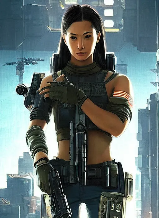 Image similar to Nikki tanaka. beautiful cyberpunk female USN marine wearing a military vest and combat gear. (Cyberpunk 2077, bladerunner 2049, apex legends, hl2, mgs, overwatch, blackops, rb6s). gorgeous face. Iranian orientalist portrait by john william waterhouse and Edwin Longsden Long and Theodore Ralli and Nasreddine Dinet, oil on canvas. Cinematic, hyper realism, realistic proportions, dramatic lighting, high detail 4k