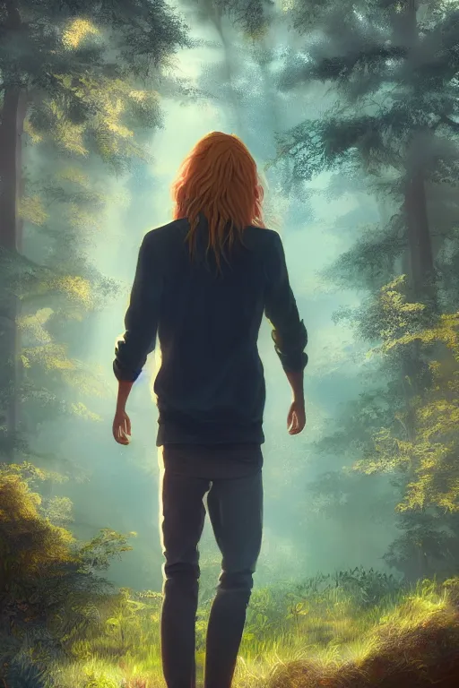 Prompt: pretty young man with long golden blond hair made of gold, demure, slender, back view, lost, trees, detailed forest background, webtoon, breathtaking scenery, colourful, 8 k, graphic novel, digital art trending on artstation, volumetric lighting, octane render, cinematic, hyper detailed, magical atmosphere, magical forest, ghibli