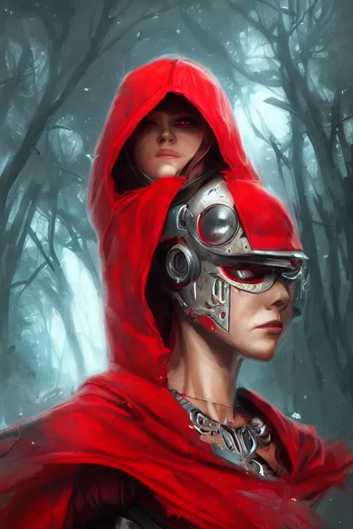 Image similar to cyborg red riding hood, d & d, fantasy, portrait, highly detailed, headshot, digital painting, trending on artstation, concept art, sharp focus, illustration, art by artgerm and greg rutkowski and magali villeneuve