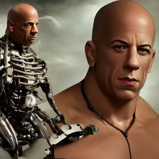 Image similar to animatronic Vin Diesel, exposed mechanics, photo, Stan Winston studios, detailed, 4k