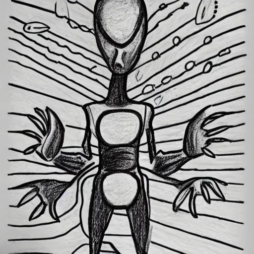 Prompt: children's drawing of a generic alien being drawng with crayons