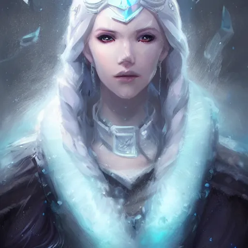 Prompt: cold portrait of a beautiful young ice queen wearing ice crown, epic fantasy style, in the style of Greg Rutkowski, hearthstone artwork