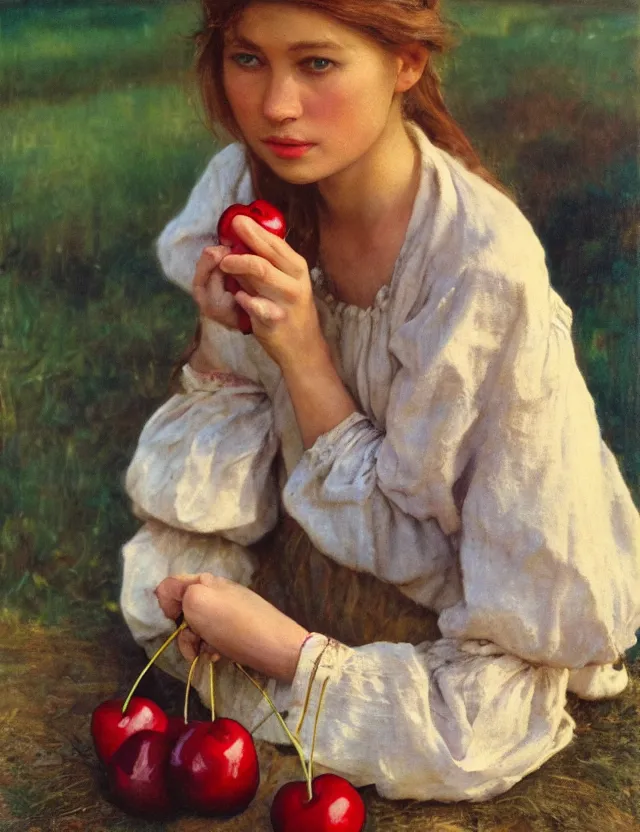 Prompt: Peasant girl eating cherry, portrait, Cottage core, Cinematic focus, Polaroid photo, vintage, neutral colors, soft lights, foggy, by Steve Hanks, by Serov Valentin, by Andrei Tarkovsky, by Terrence Malick, 8k render, detailed, oil on canvas