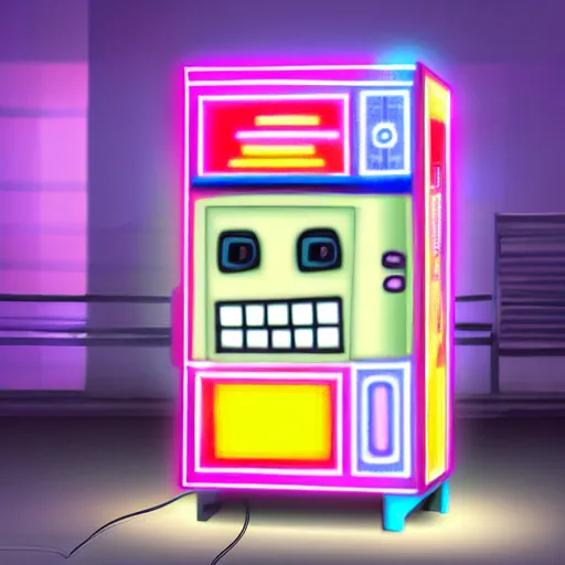 Prompt: friendly sentient robot vending machine smiling with a face of pastel led lights, made of cheap materials, selling cheap junk food in a city comprised of light matter, set in the distant future, plants, light prisms, rainbow diffraction, steampunk, cyberpunk, robots, warm lights, anime, vhs distortion, art style mimics starlight brigade by game grumps