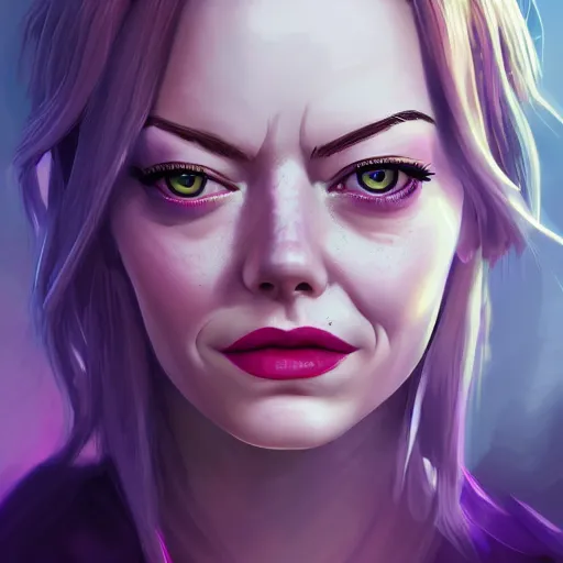 Prompt: emma stone portrait, arcane netflix, arcane vi, arcane jinx, concept portrait, riot, acrace catoon, detailed expression, high quality, cinematic lighting, fantasy, reflective, spotlight, digital artwork