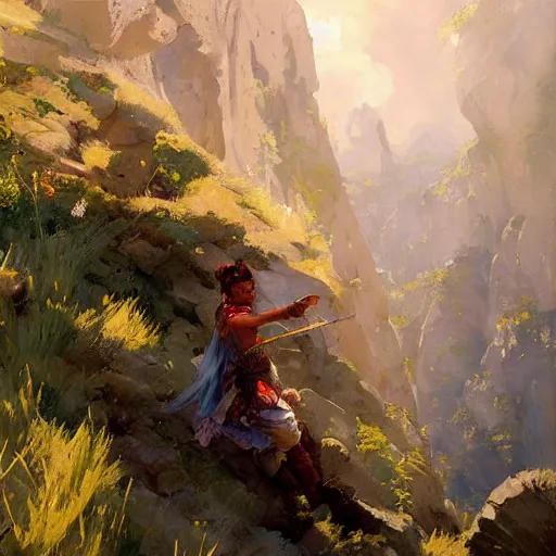 Image similar to oil art of young roma mage adventurer climbing down a cliffside in style of disco elysium character, gipsy jester character design from ravenloft, art by anders zorn, wonderful masterpiece by greg rutkowski, beautiful cinematic light, american romanticism by greg manchess, jessica rossier