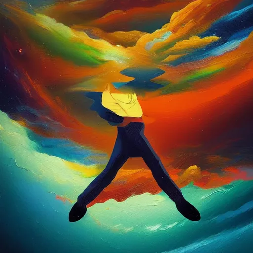 Image similar to a painting of a person flying through the sky, an ultrafine detailed painting by petros afshar, shutterstock contest winner, metaphysical painting, sense of awe, behance hd, windows vista