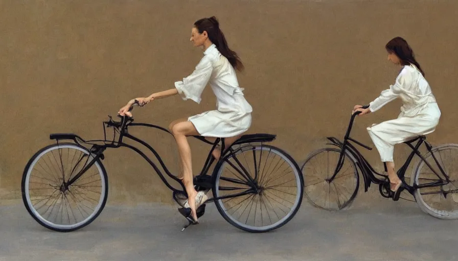 Image similar to painting by borremans, bella hadid riding a bike, detailed, stunning