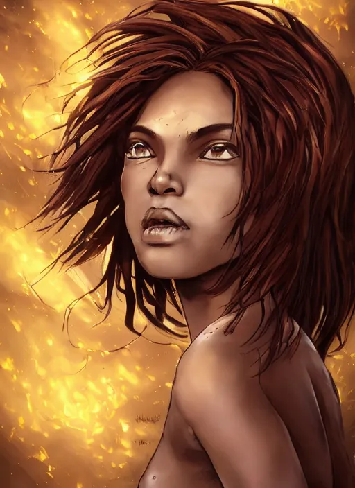 Image similar to An epic fantasy comic book style portrait painting of a short, dark-skinned, slender girl with short auburn hair that comes almost to her shoulders with brown eyes that look almost black with flecks of gold in them. The gold flecks flare up when she’s agitated. She has a medium-sized scar on the upper right side of her head, unreal 5, DAZ, hyperrealistic, octane render, cosplay, RPG portrait, dynamic lighting