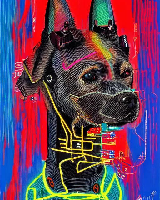 Prompt: a cyberpunk portrait of a dog by jean - michel basquiat, by hayao miyazaki by artgerm, highly detailed, sacred geometry, mathematics, snake, geometry, cyberpunk, vibrant, water