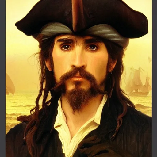 Prompt: Painting of Davy Jones from Pirates of the Caribbean. Art by William Adolphe b Bouguereau. During golden hour. Extremely detailed. Beautiful. 4K. Award winning.