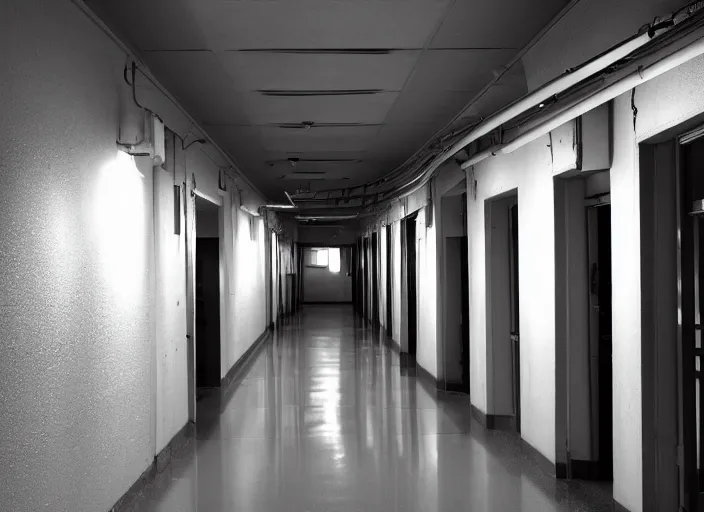 Prompt: a school corridor at night, night time, after hours, low light