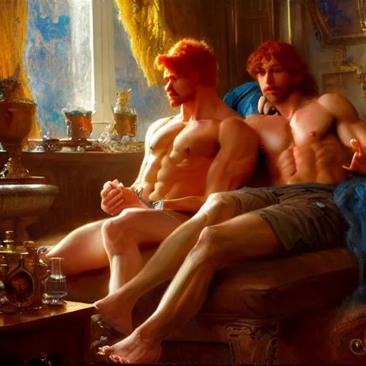 Prompt: attractive muscular mike with ginger hair with attractive tyler with brunet hair, drinking their hearts out, in their noble mansion. very defined to the maximum and highly detailed painting by gaston bussiere, craig mullins 8 k