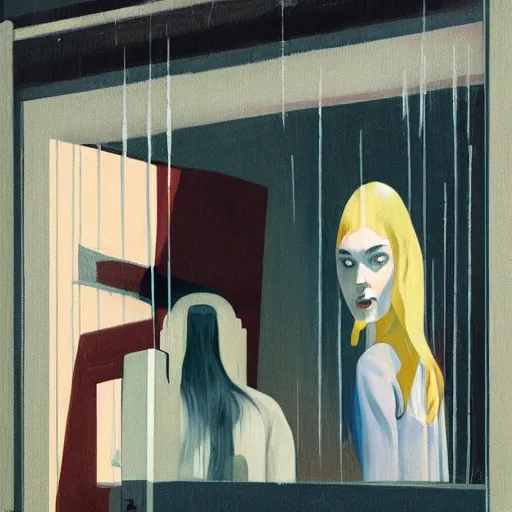 Prompt: elle fanning, ana de armas, anya taylor joy in prey picture by edward hopper, asymmetrical, dark vibes, realistic painting, organic painting, matte painting, geometric shapes, hard edges, graffiti, street art : 2 by sachin teng : 4