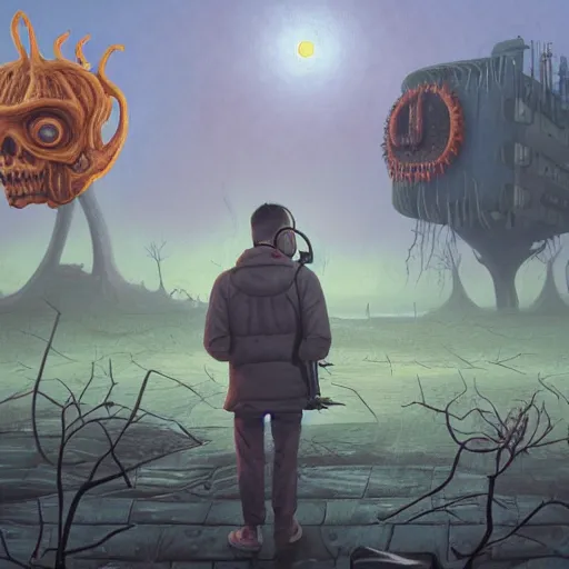 Prompt: ricky berwick, simon stalenhag, horror, eldritch horror, foggy