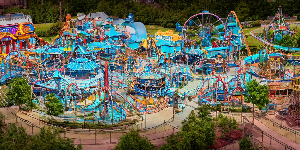 Prompt: Aerial Photo of nostalgic abandoned amusement park, photo realistic, isometric, tilt shift, bokeh, award winning, trending, 8k, HD