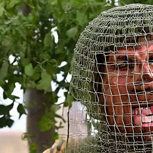 Image similar to nicolas cage trapped in a wicker cage with peas on his face, looking up, not the bees