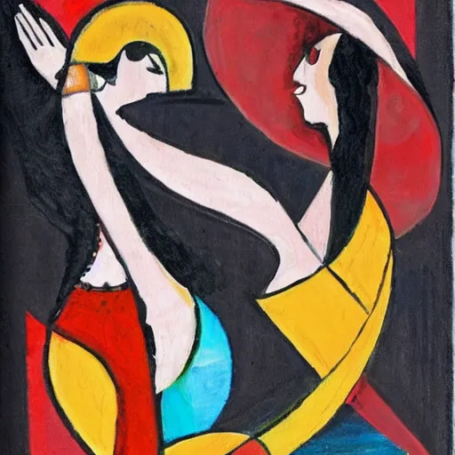 Prompt: two Arab Women in the moonlight dancing by the ocean , high quality art in the style of cubism and georgia o’keefe,