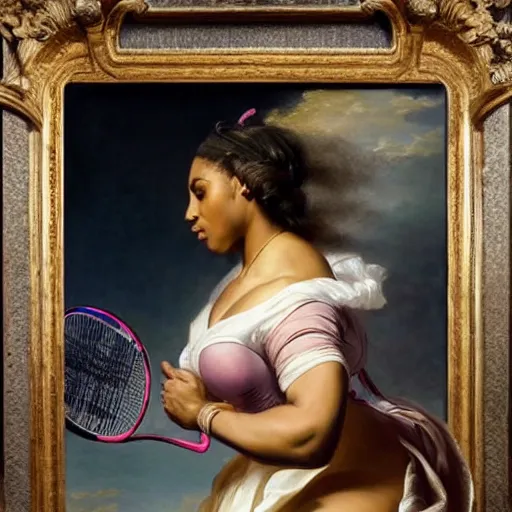 Prompt: Serena Williams flying with a racket as Nike Goddess portrait, wings, luxuriant, dreamy, eternity, romantic, strong pose, highly detailed,in the style of Franz Xaver Winterhalter, highly detailed,in the style of Aetherpunk