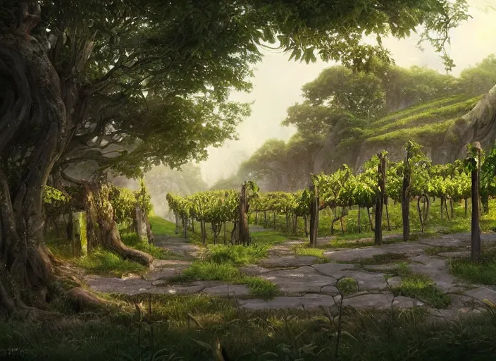 Prompt: Lush winery outside a beautiful elven city made of white marble, anime, lush trees, a fantasy digital painting by Greg Rutkowski and James Gurney, trending on Artstation, highly detailed