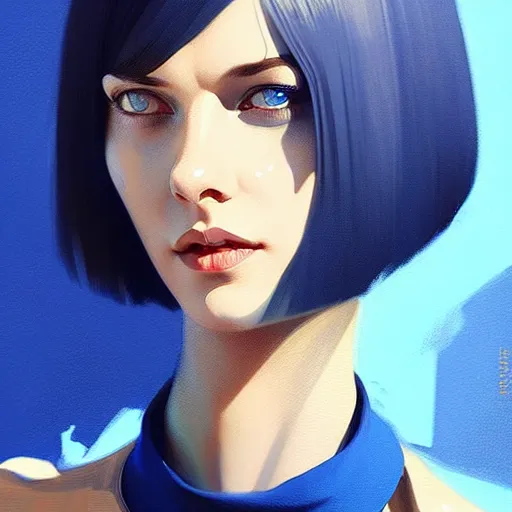 Image similar to woman with dark bobcut haircut with friendly blue eyes and slim features looking happy, futurist style, intricate, elegant gleaming jewelry, angelic halo, highly detailed, digital painting, artstation, concept art, smooth, sharp focus, illustration, art by wlop, mars ravelo and greg rutkowski