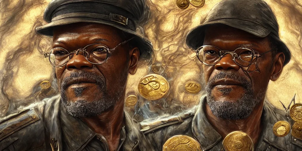 Image similar to a beautiful detailed 3 d matte of samuel jackson in starship troopers, by ellen jewett, by tomasz alen kopera, ominous, magical realism, texture, intricate, gold coins, money, whirling smoke, alchemist bottles, radiant colors, fantasy, volumetric lighting, high details