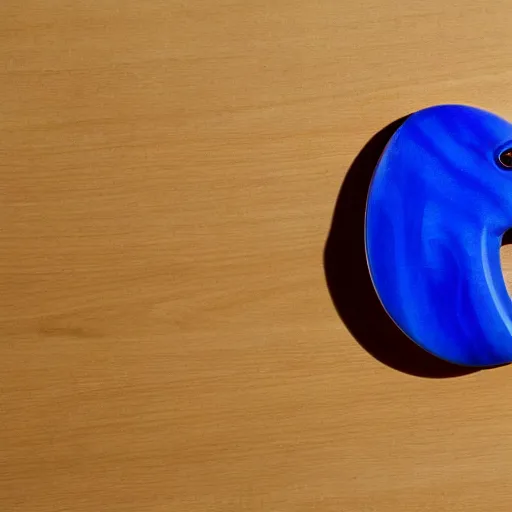 Image similar to a zoomed out studio product shot of a rounded carving of a simplified and smooth hippopotamus made from cherry wood and blue resin, in profile, a catalog photograph