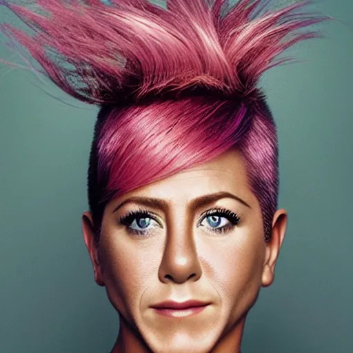 Prompt: portrait of a beautiful 20-year-old Jennifer Aniston cyberpunk pink hairstyle serious facial expression by Mario Testino, headshot, detailed, award winning, Sony a7R