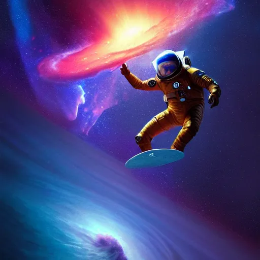Prompt: Astronaut surfing on a nebula, realistic concept, light atmosphere, golden ratio, wide shot, cinematic lighting, hyperdetailed, high detailed, high resolution, insanely detailed and intricate, artstation, Marc Simonetti, Greg Rutkowski, octane render, unreal engine, HD, 8k