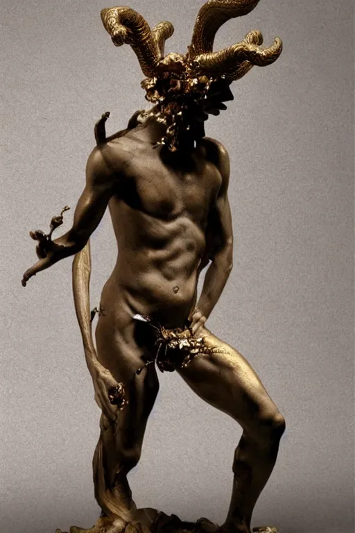 Image similar to a cinematic view of a ornated intricate mystic faun statue made by hedi xandt, chris haas and bernini, realistic, macabre art, covering his hip with a wrapped black old fabric veil, using few gold ornaments detailed image, volummetric light