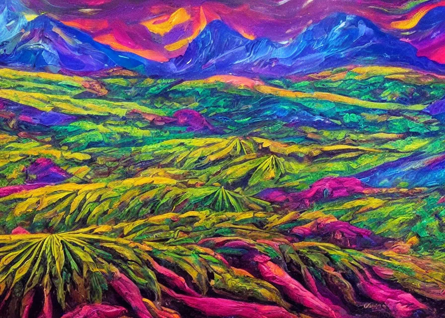 Prompt: beautiful cannabis fields on an alien landscape, colorful oil painting